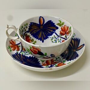 19th Century Antique Gaudy Welsh Butterfly Pattern Hand Painted Cup & Saucer Set